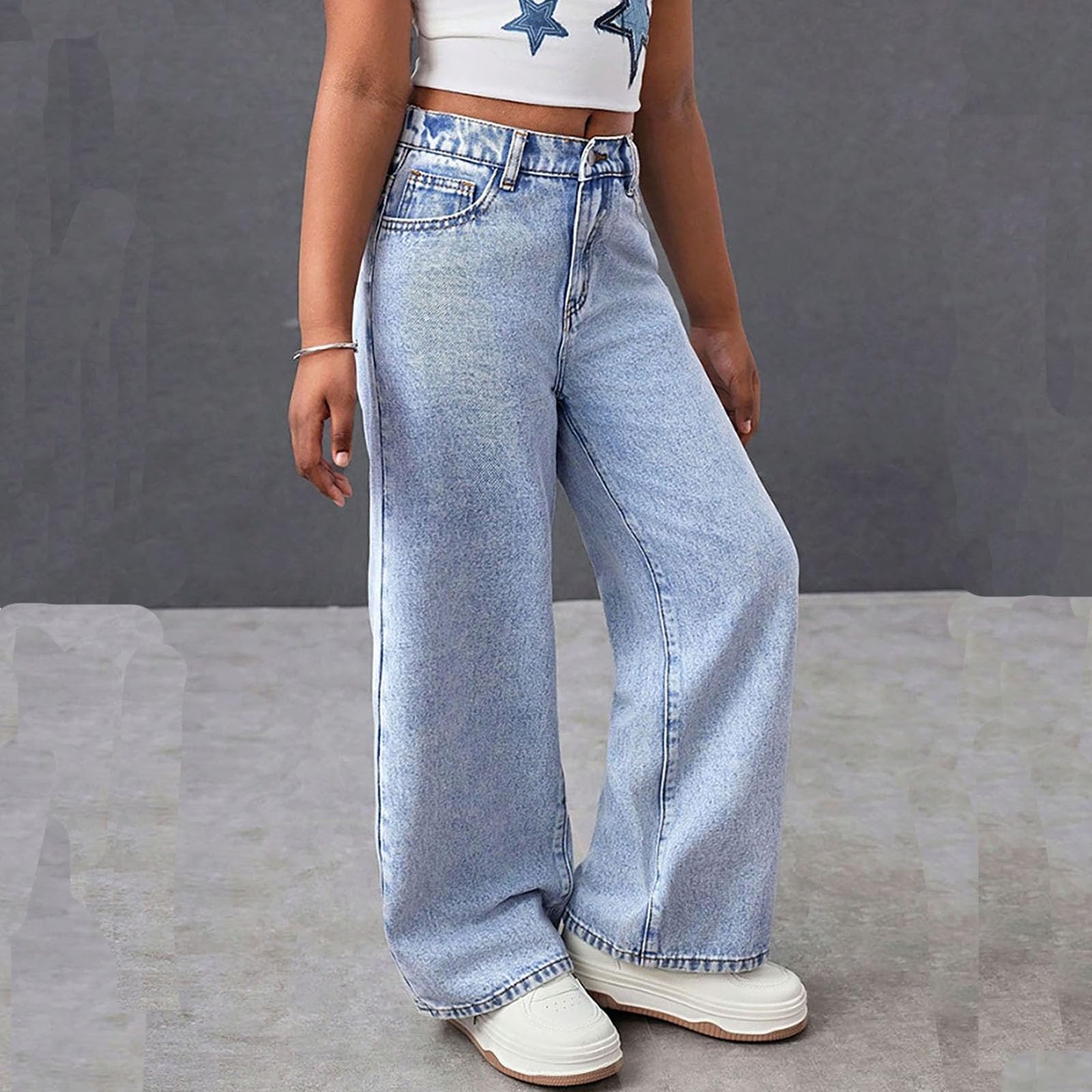 Jeans, alla Moda con Gamba Dritta, in Denim Lavato E Ricamato con Tasca Posteriore per Ragazze Adolescenti dai 9 Ai 13 Anni, Ideale per La Scuola