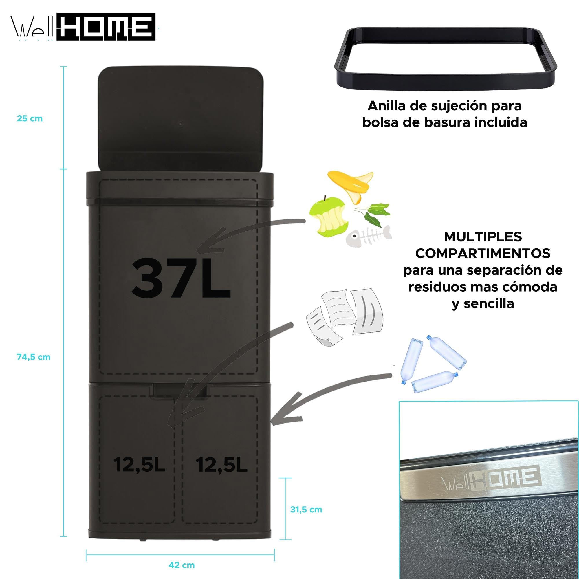Poubelle de recyclage 62 L acier inoxydable noir ouverture automatique capteur 2 compartiments