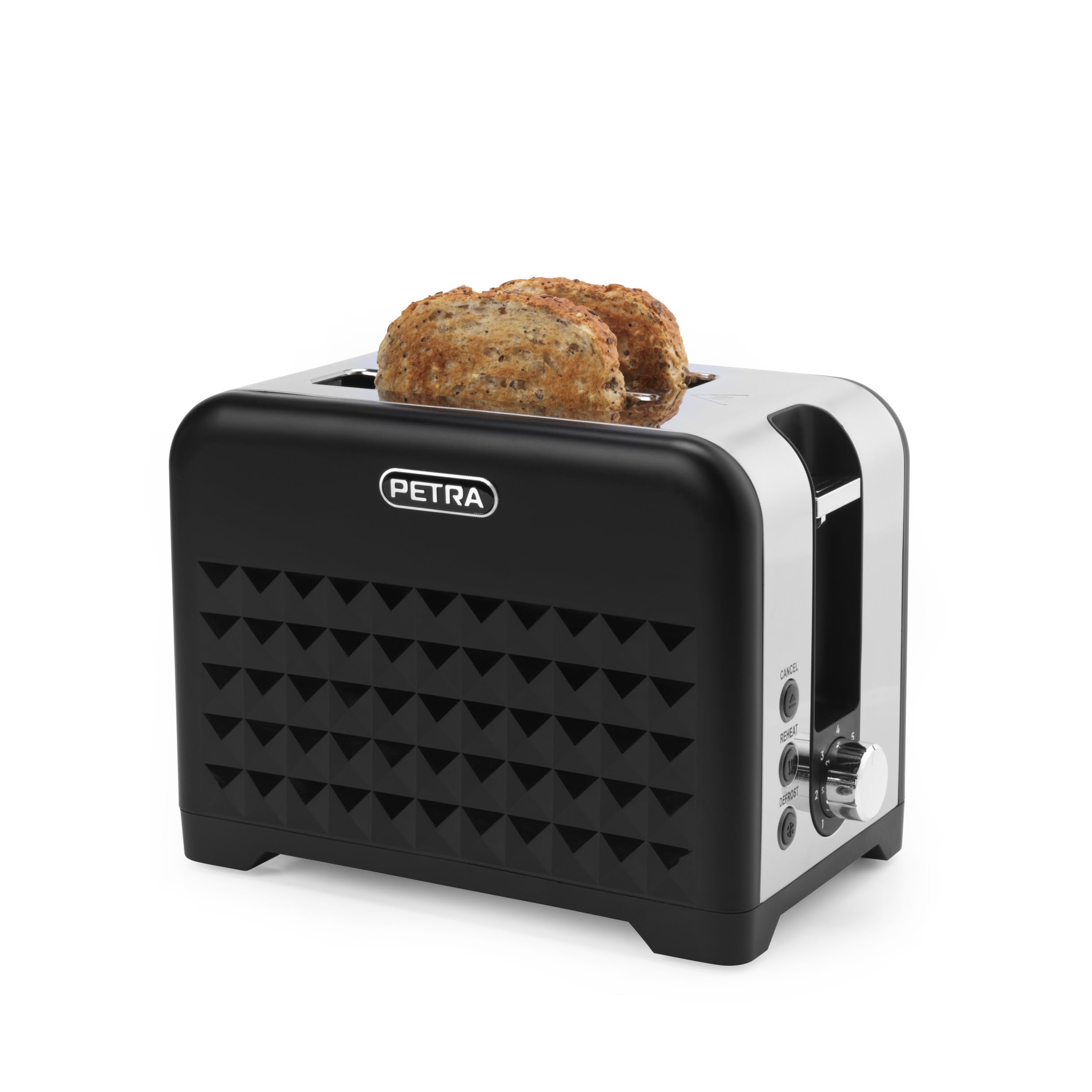 Petra PT6104BVDE Tostadora de 2 Rebanadas – Incluye Accesorio de Rejilla Calentadora, 7 Niveles de Tostado, Descongelar, Recalentar y Cancelar, Bandeja para Migas Extraíble, Diseño en Diamante, 930 W