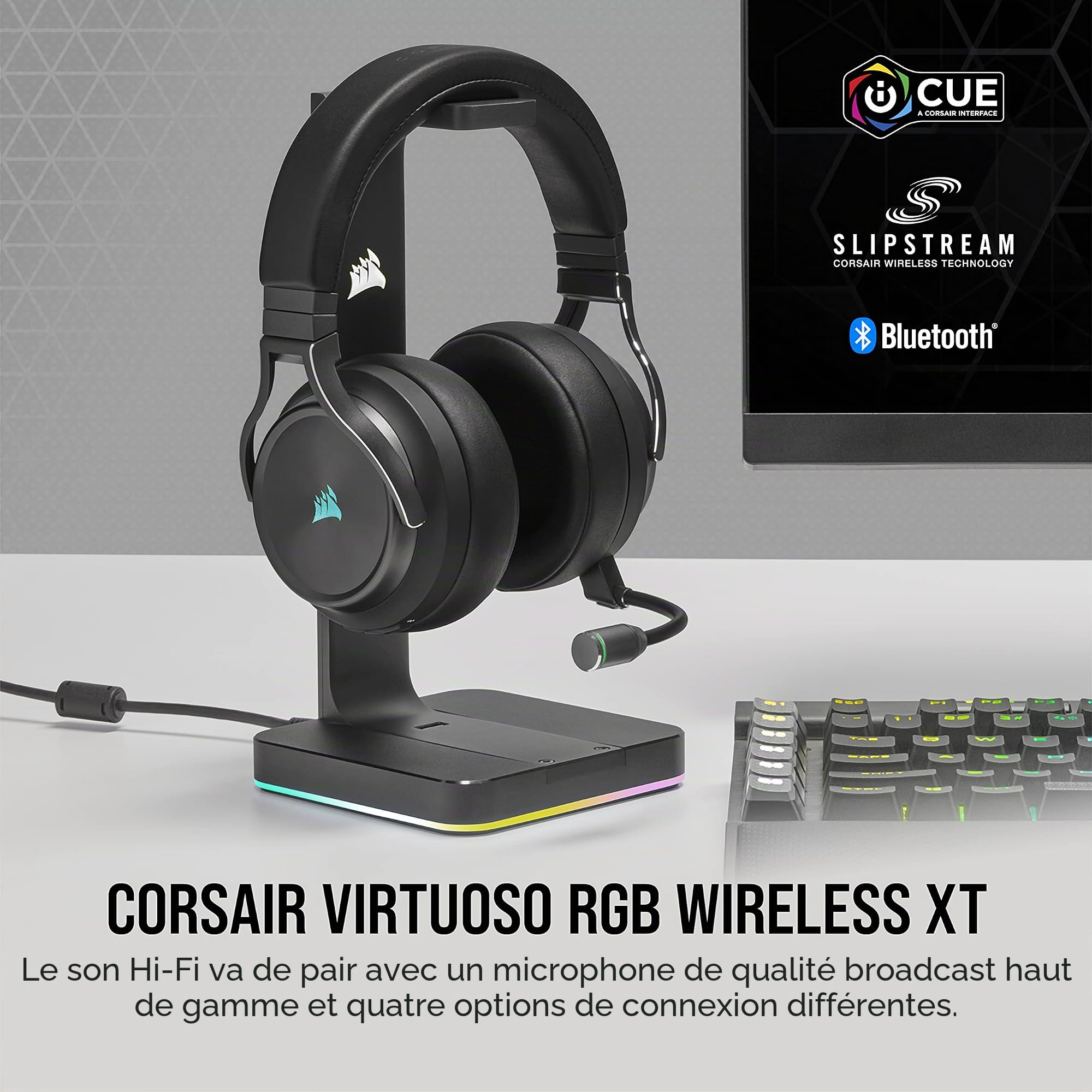 Corsair Virtuoso Casque de jeu RVB sans fil haute fidélité (technologie Slipstream, son surround 7.1, iCUE RVB, pour PC, Xbox One, PS4, Switch et appareils mobiles) carbone (reconditionné)