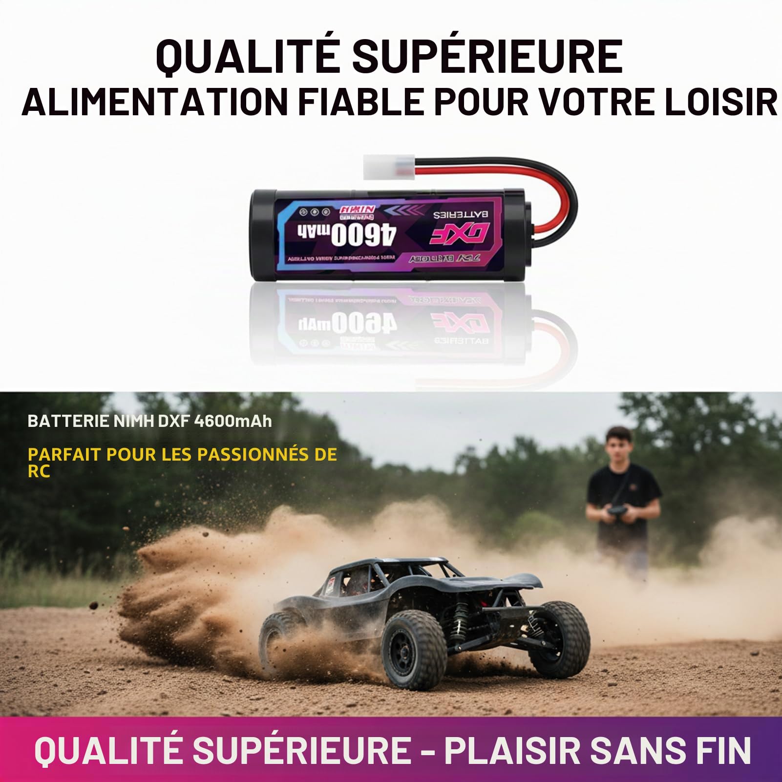 DXF Batterie RC 7,2V 4600mAh NiMH Pack de 2, Accu Rechargeable Connecteur Tamiya pour Voiture Télécommandée 1/10 Buggy Monster Truck, Compatible Bateau Avion Hélicoptère RC, sans Effet Mémoire