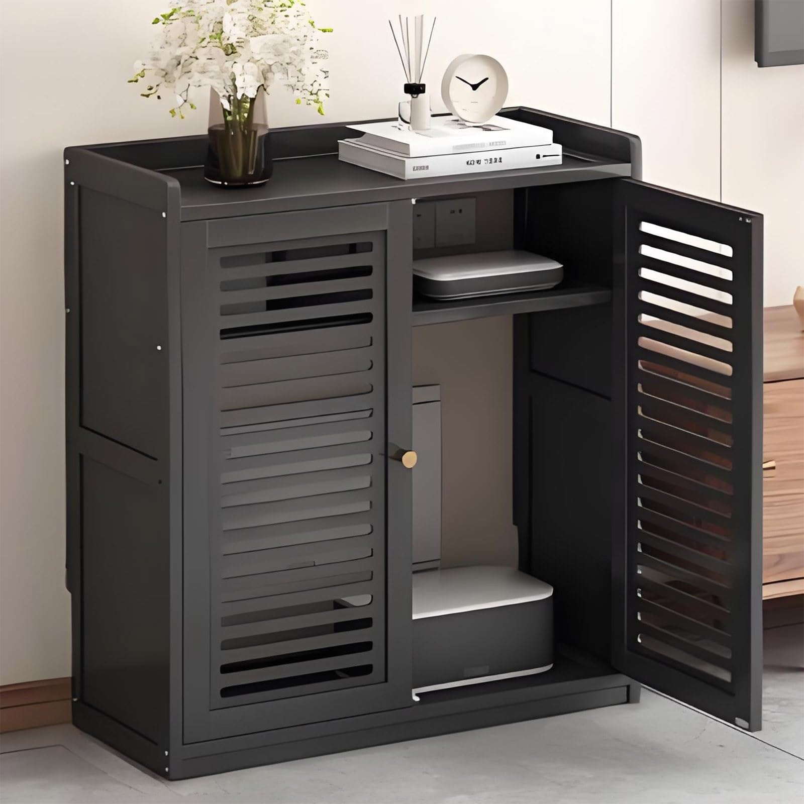 Moderner AV-Media-Ständer, Schrank, Audio-Video-Aufbewahrungsregal, Gaming-Stereo-Schrank, Holz, Media-Aufbewahrung, stilvolles Media-Center, schwarzer AV-Schrank (59 x 25 x 82 cm)