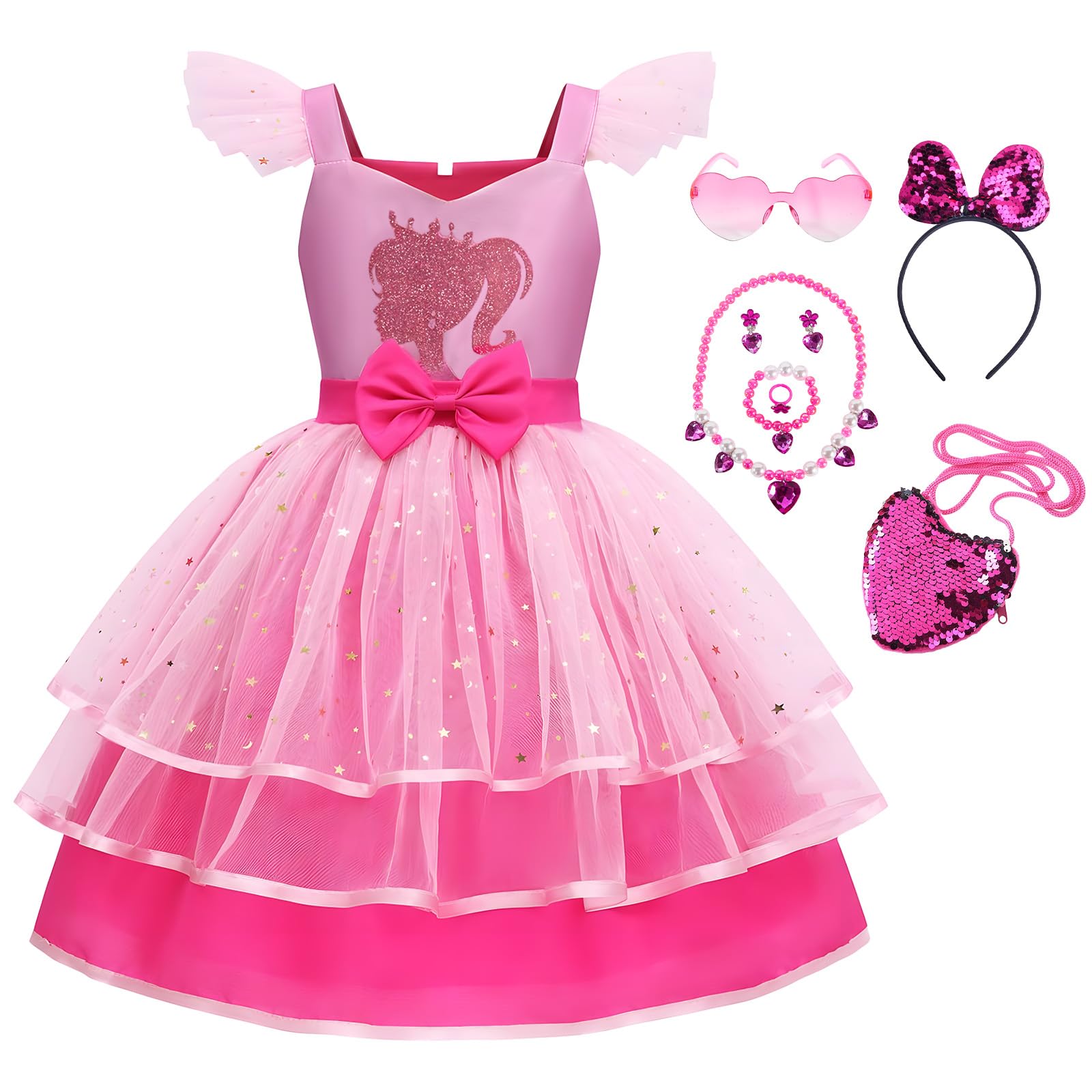 Kidinix Girls Pink Costume Party Tulle Dress with Accessories for Birthday Halloween Cosplay