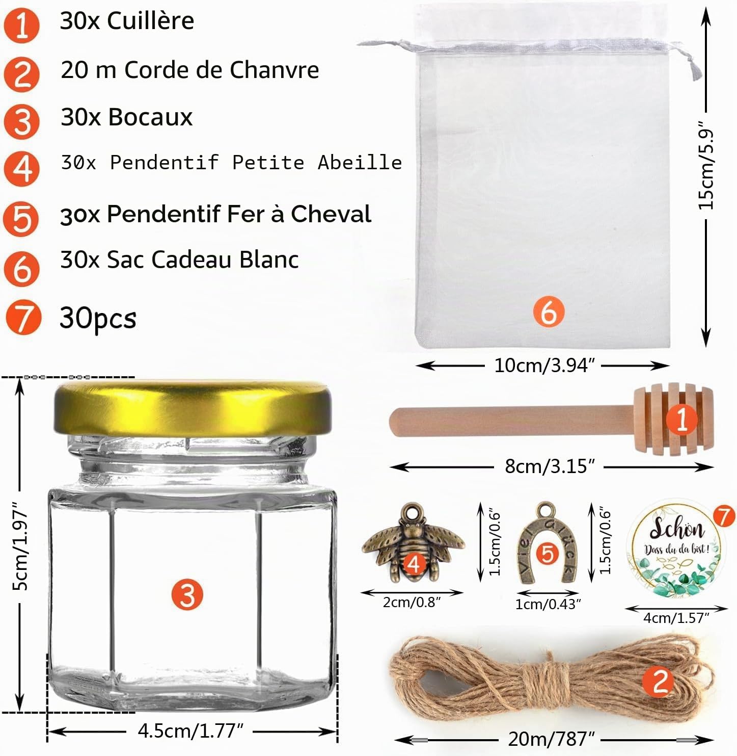 30 Pack 45ml Petits Pots, Mini Pots de Miel,Petites Boites avec Cuillères et Petites Abeilles,Verrine avec Couvercle,Confitures Pot pour Baptême, Cadeau Invites Mariage et Fêtes