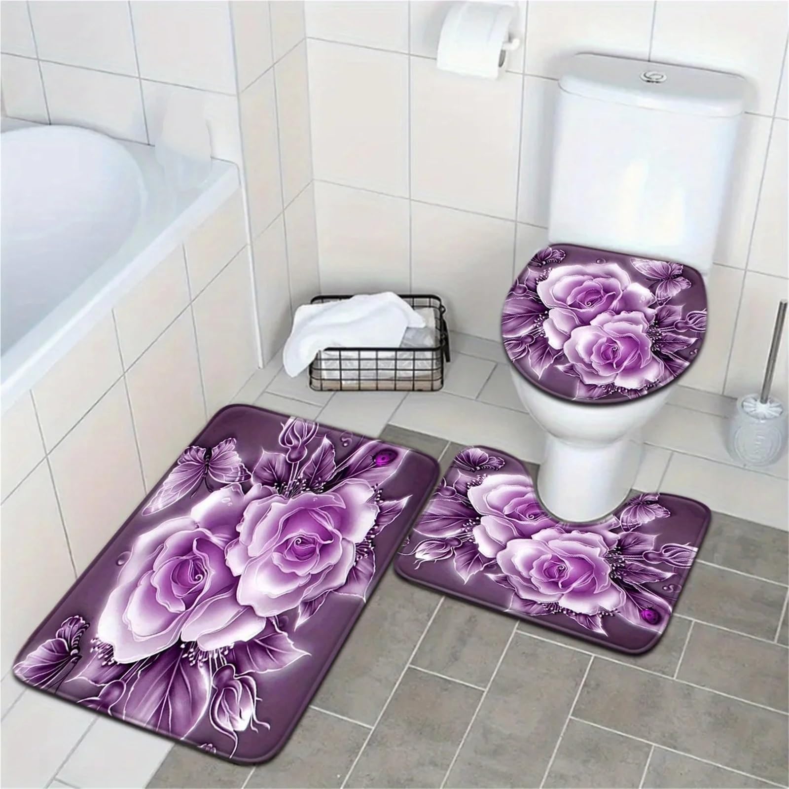 Tapis de Salle de Bain à Fleurs Violettes, Ensemble de 3 Tapis de Maison Doux et antidérapants en Forme de U