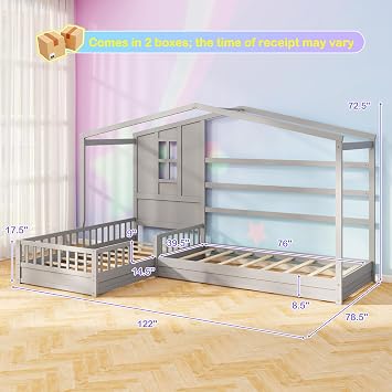 MAT EXPERT Wooden House Bed, L Shaped for 2 Kids w/Window & Roof, Fence & Slats, Twin Floor Montessori Bed for Boys, Girls,Teens, Dorm,Bedroom, No Box Spring Needed