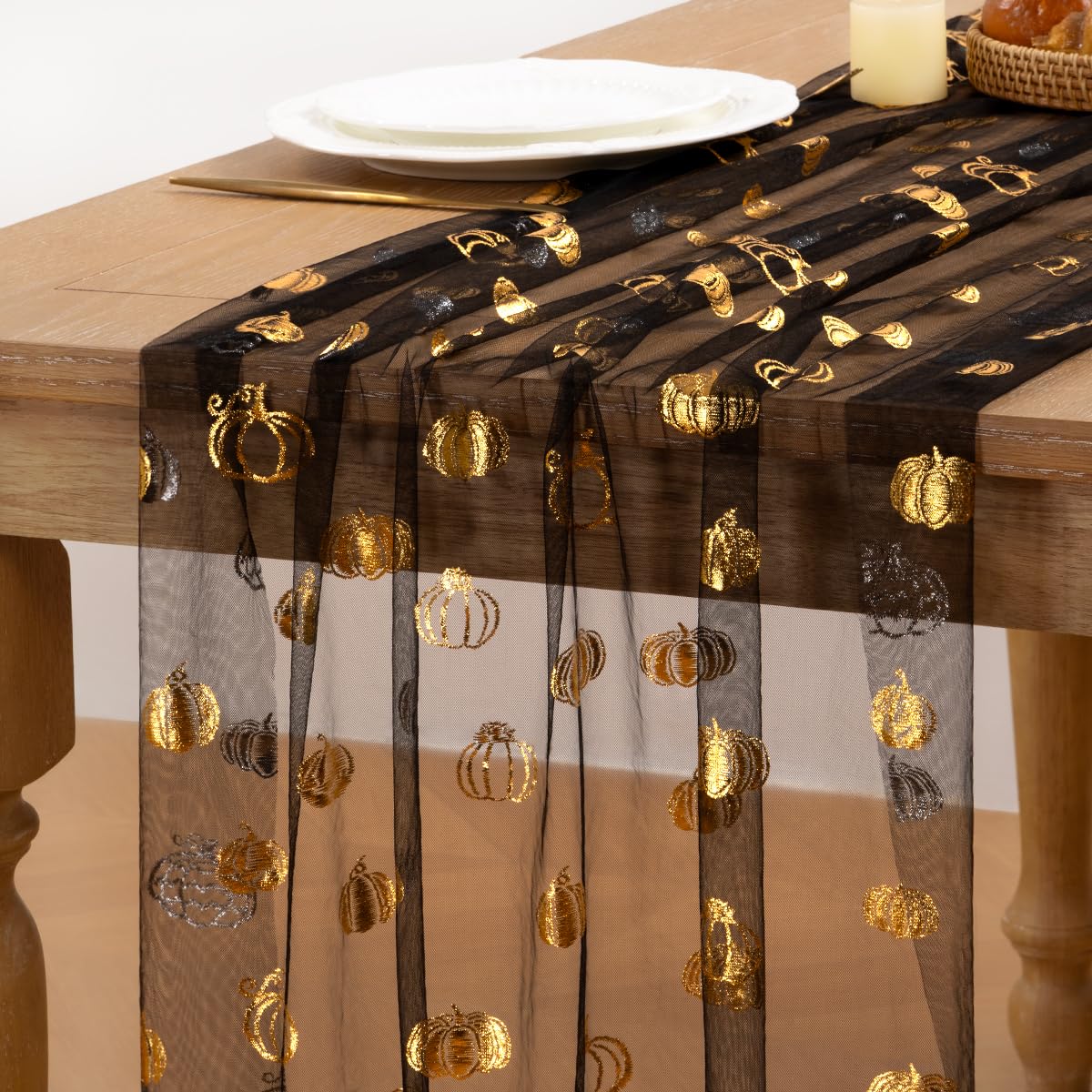 Fall Pumpkin Table Runner Black Sheer Gauze Foil Table Runner 120 Inch