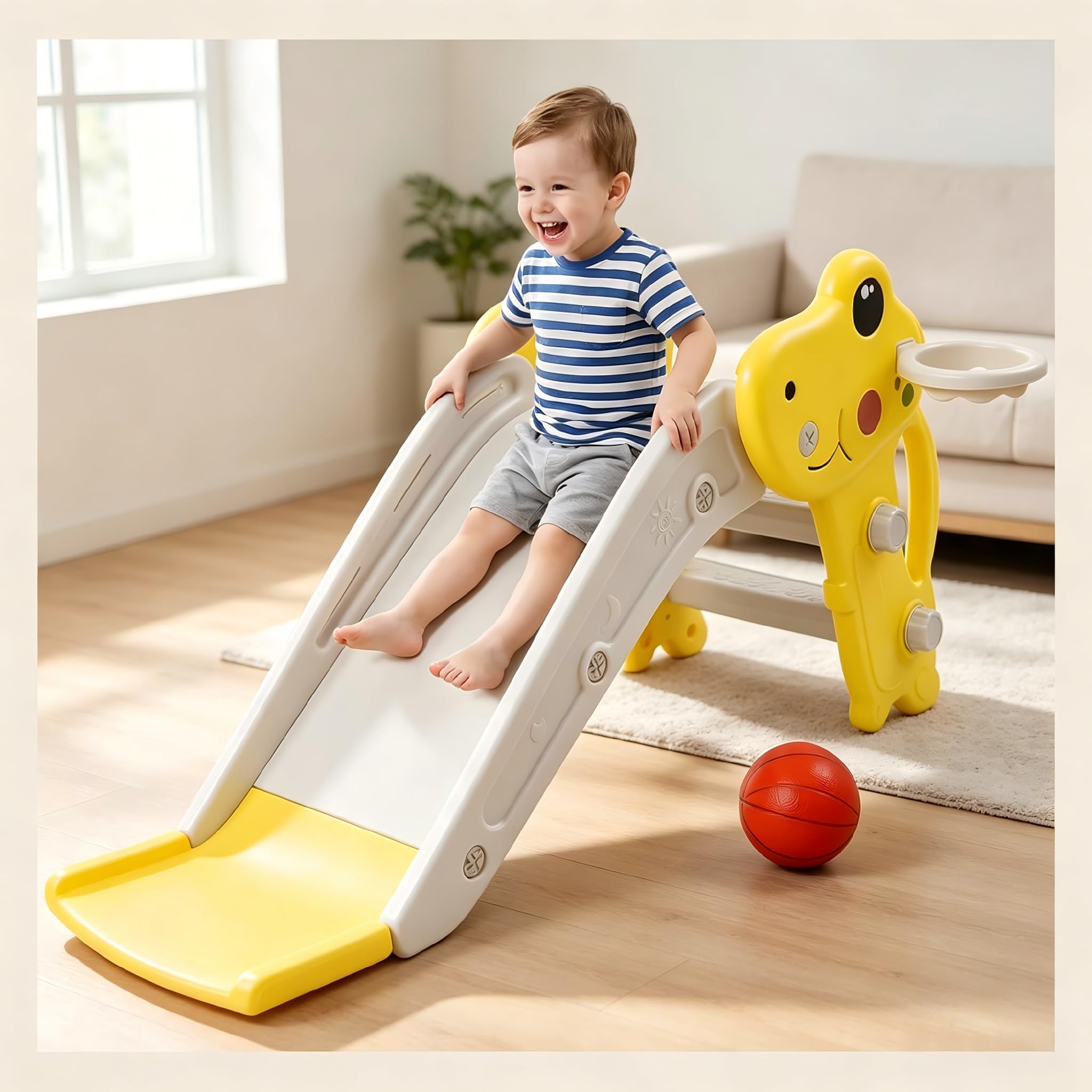 Tobogán para niños pequeños para jugar en interiores y exteriores con anillo de baloncesto, pasos antideslizantes, 100 cm para bebé (amarillo)
