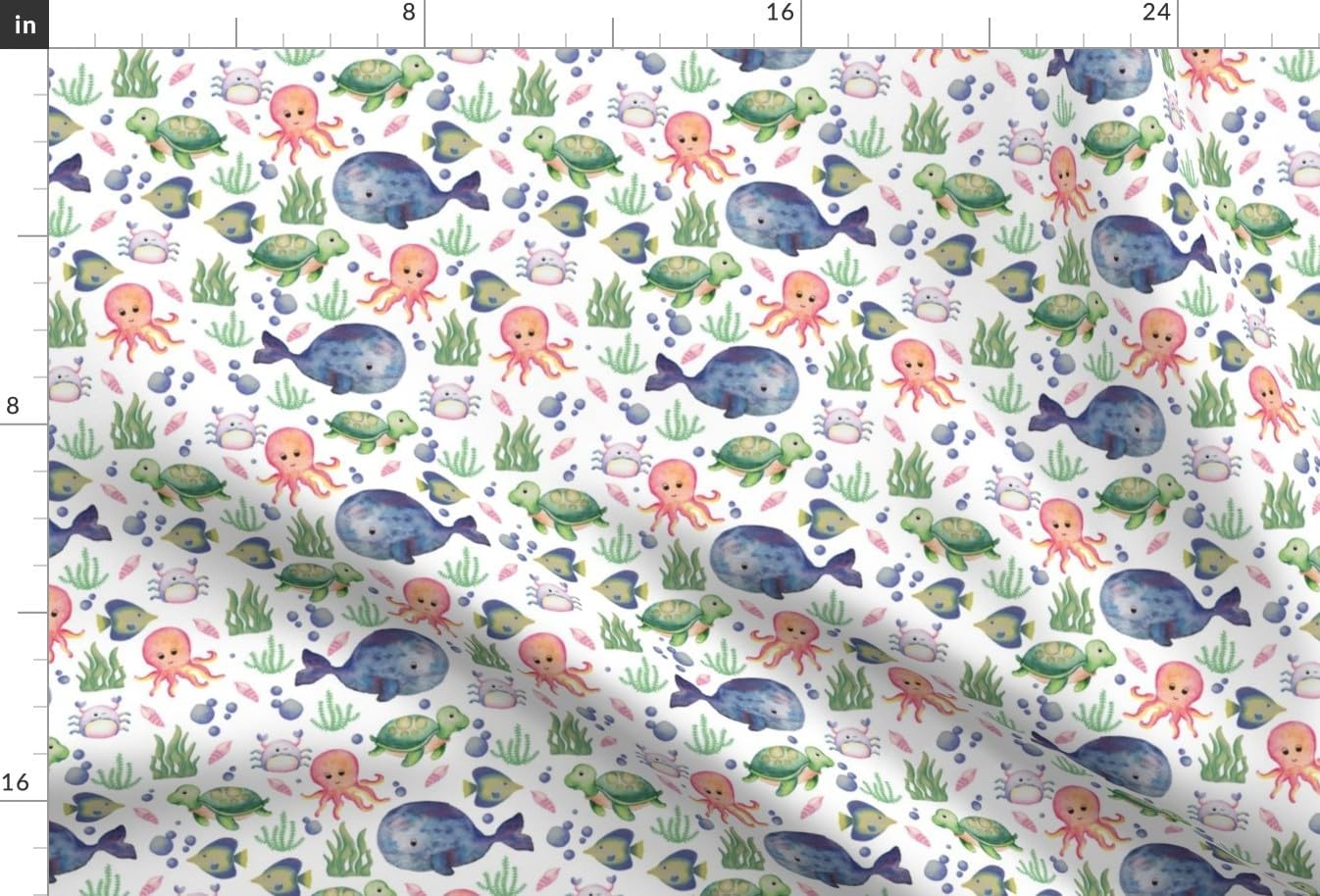 Spoonflower Fabric - Sea Creatures White Watercolor Ocean Blue Life Animals Turtle Crab Printed on Upholstery Velvet Fabric Fat Quarter - Upholstery Home Decor Bottomweight Apparel