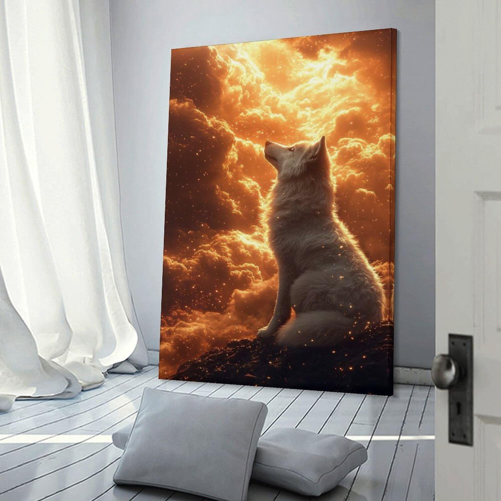 Junmoney White Wolf in Fiery Clouds Decorative Canvas Print 24x36inch(60x90cm), for Study, Office Or Focused Interiors, Wall Art That Adds Style to Work Areas