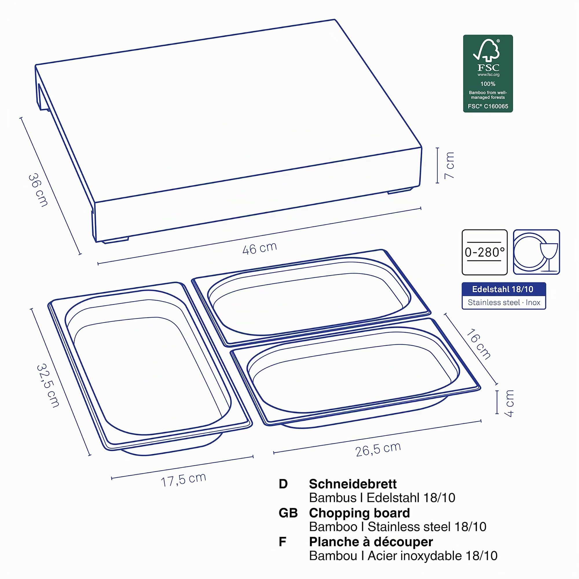 kela Planche à découper avec bacs de récupération 46 x 36 x 7 cm KENINA, Planche à découper en bambou grande avec 3 bacs intégrés en acier inoxydable, planche en bois