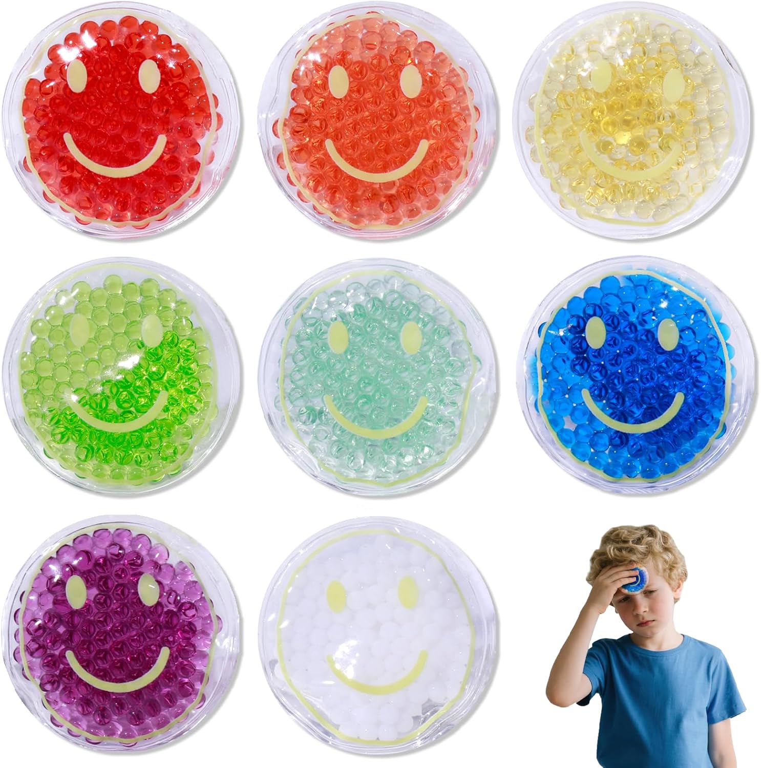 8Pcs Boo Boo Ice Pack for Injuries Small Reusable Gel Hot Cold Packs Bulk for Pain Relief Wisdom Teeth Colic Pain Fever Headaches, 8Colors(Smile)