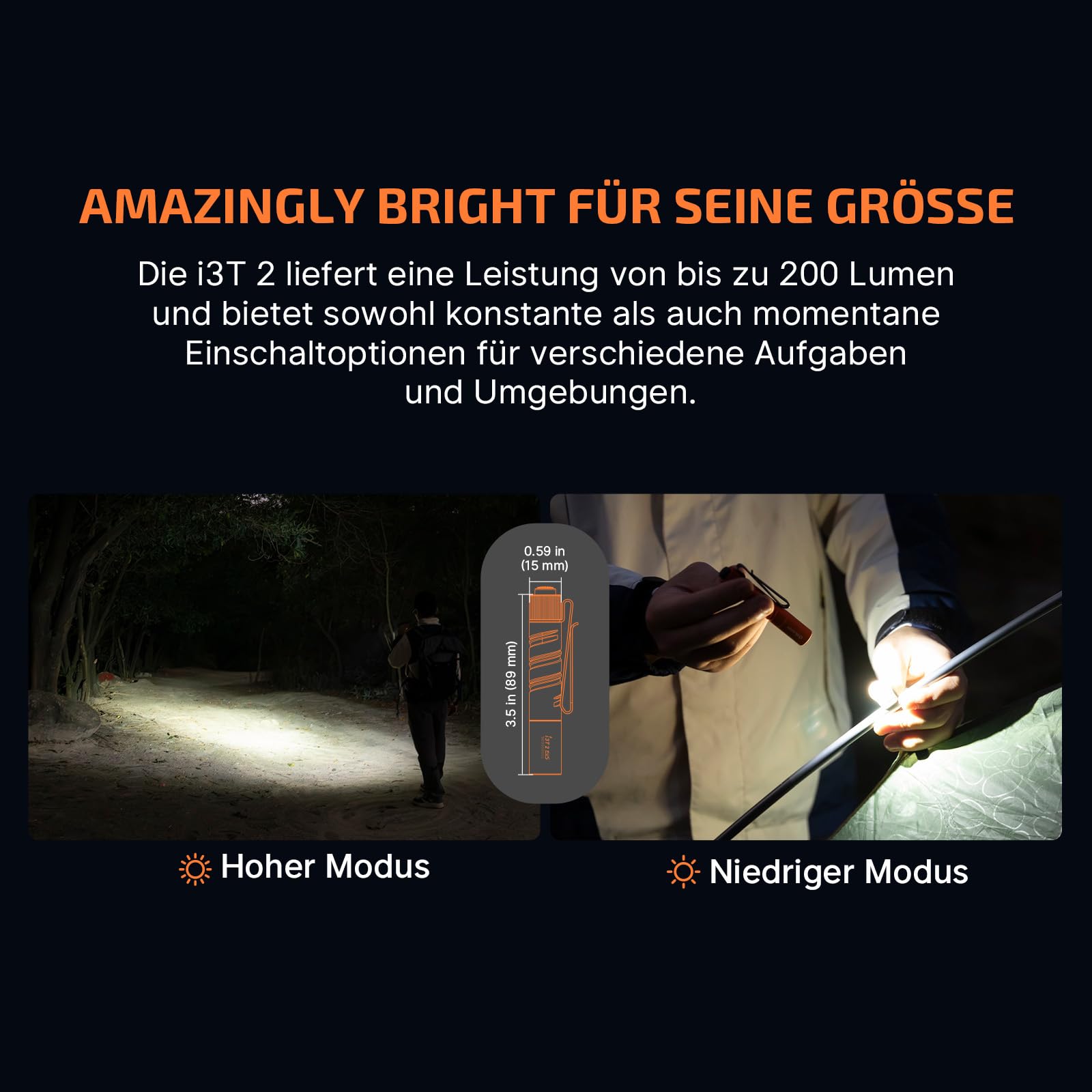 OLIGHT I3T 2 Mini Taschenlampe, 200 Lumen Kompakte Helle Licht mit beidseitigem Taschenclip, 2 Lichtmodi AAA-Batterie Lampe mit Endkappenschalter für Camping Outdoor Orange