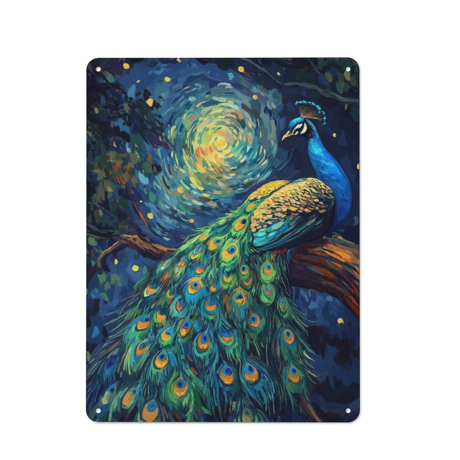 Junmoney Style-4 Rustic Tin Sign 40X30cm Featuring Peacock Under Starry Night For Café Or Home Bar, Gift Idea At Christmas For Hospitality Decor Collectors