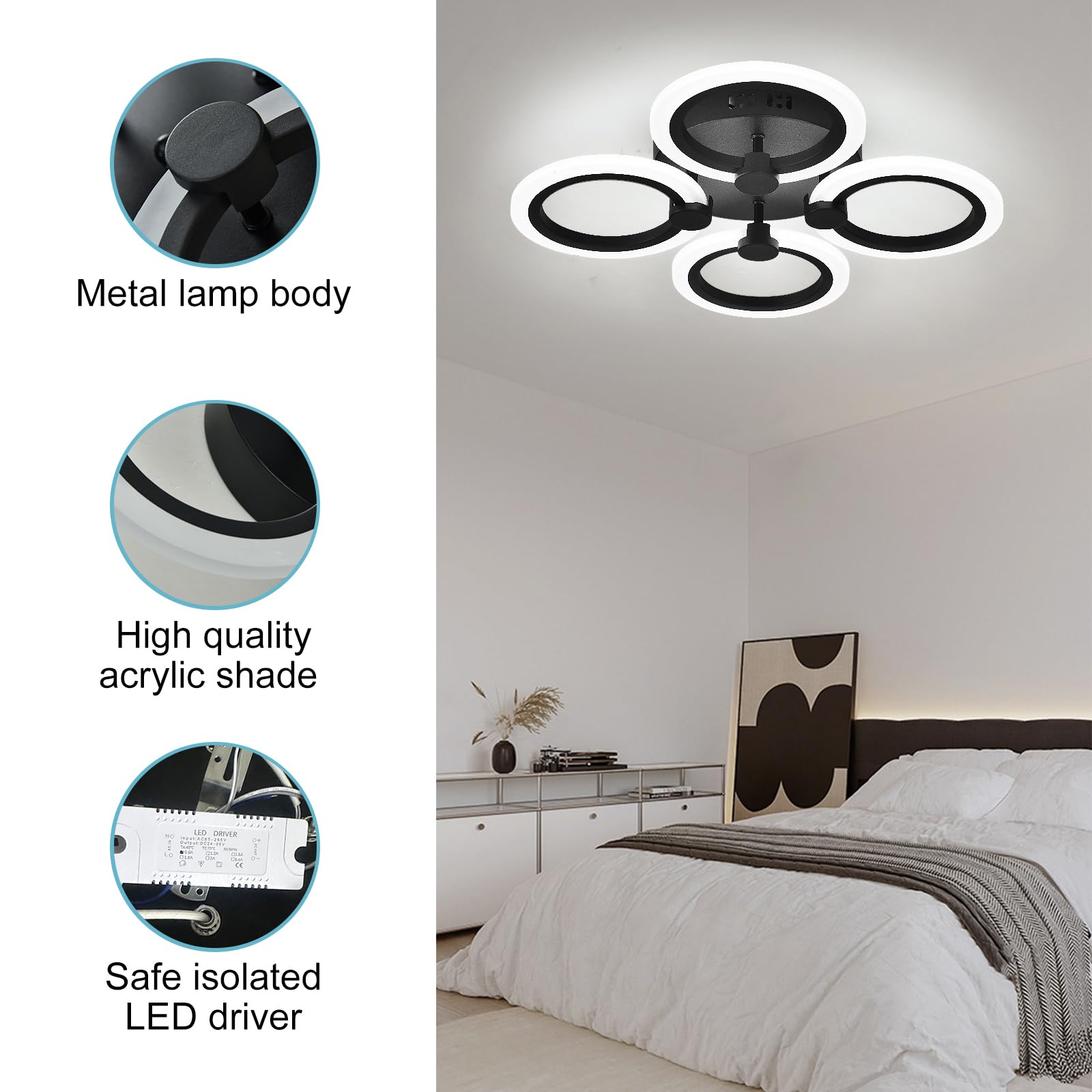 Hudi Fyier Modern LED Ceiling Light, 4 Rings Flush Mount Fixture, Black Close to Ceiling Lamp, 6500K for Bedroom Dining Room - Image 4