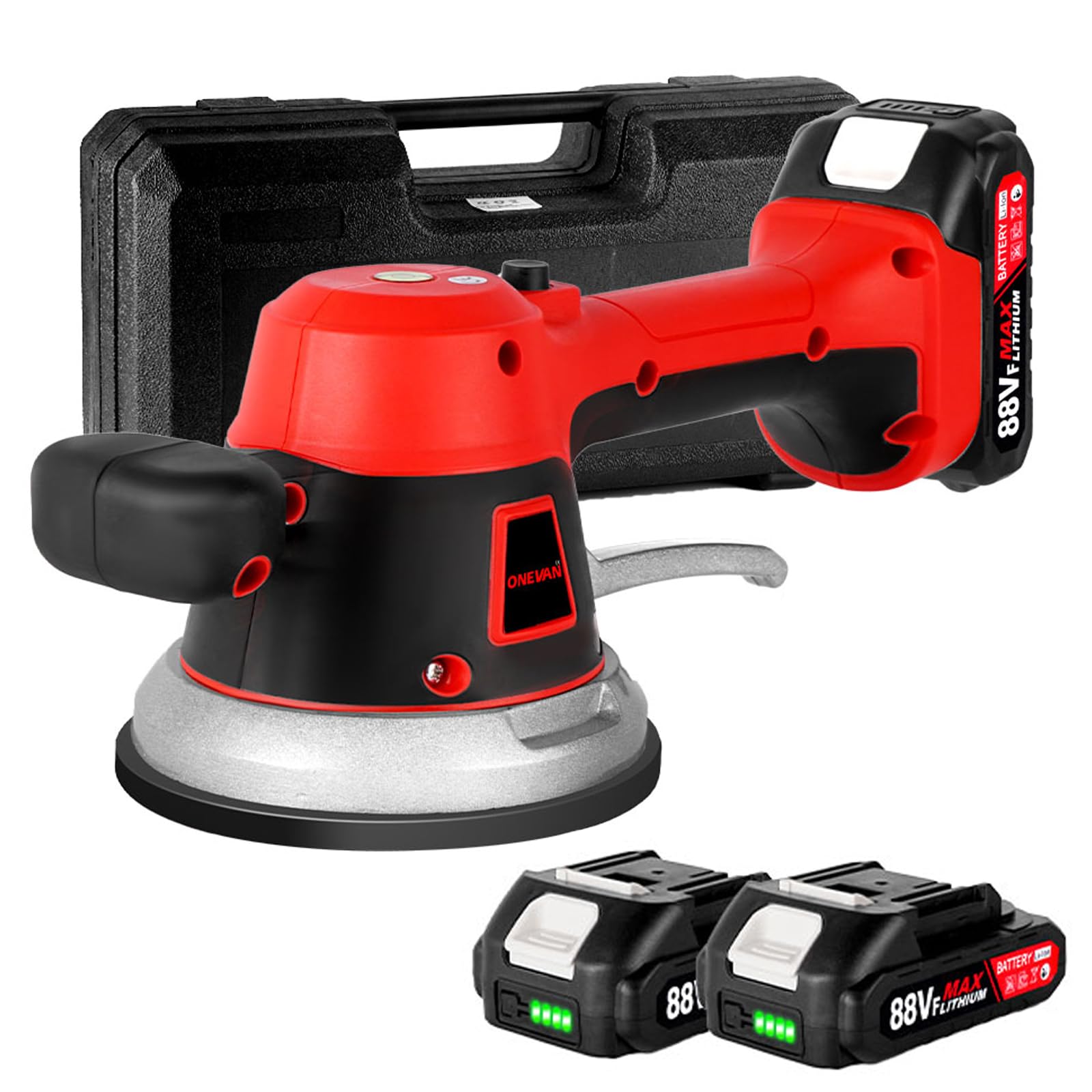 ONEVAN Fliesen Rüttler Akku 200kg, Elektrische Fliesen Vibrationsgerät 145mm Saugnapf 6 Gang Fliesenrüttler Fliesenvibrationsmaschine mit 2 1500mAh Akkus, für 150 x 150 cm Fliesen