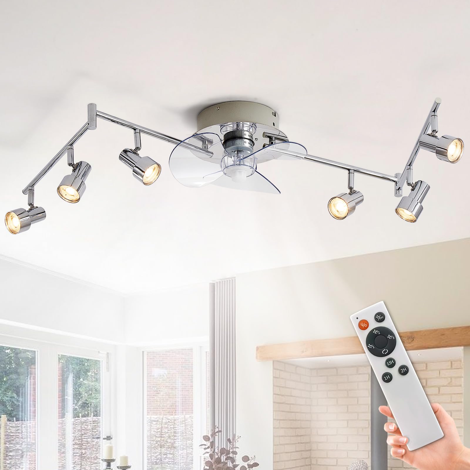 Depuley Ceiling Fan with Track Lighting: Chrome 6-Light Track Light with Kit Fixture with Fan for Bedroom - 4W LED Spot Light and Fan Combo with Remote Control Reverse Quiet DC Motor Timer