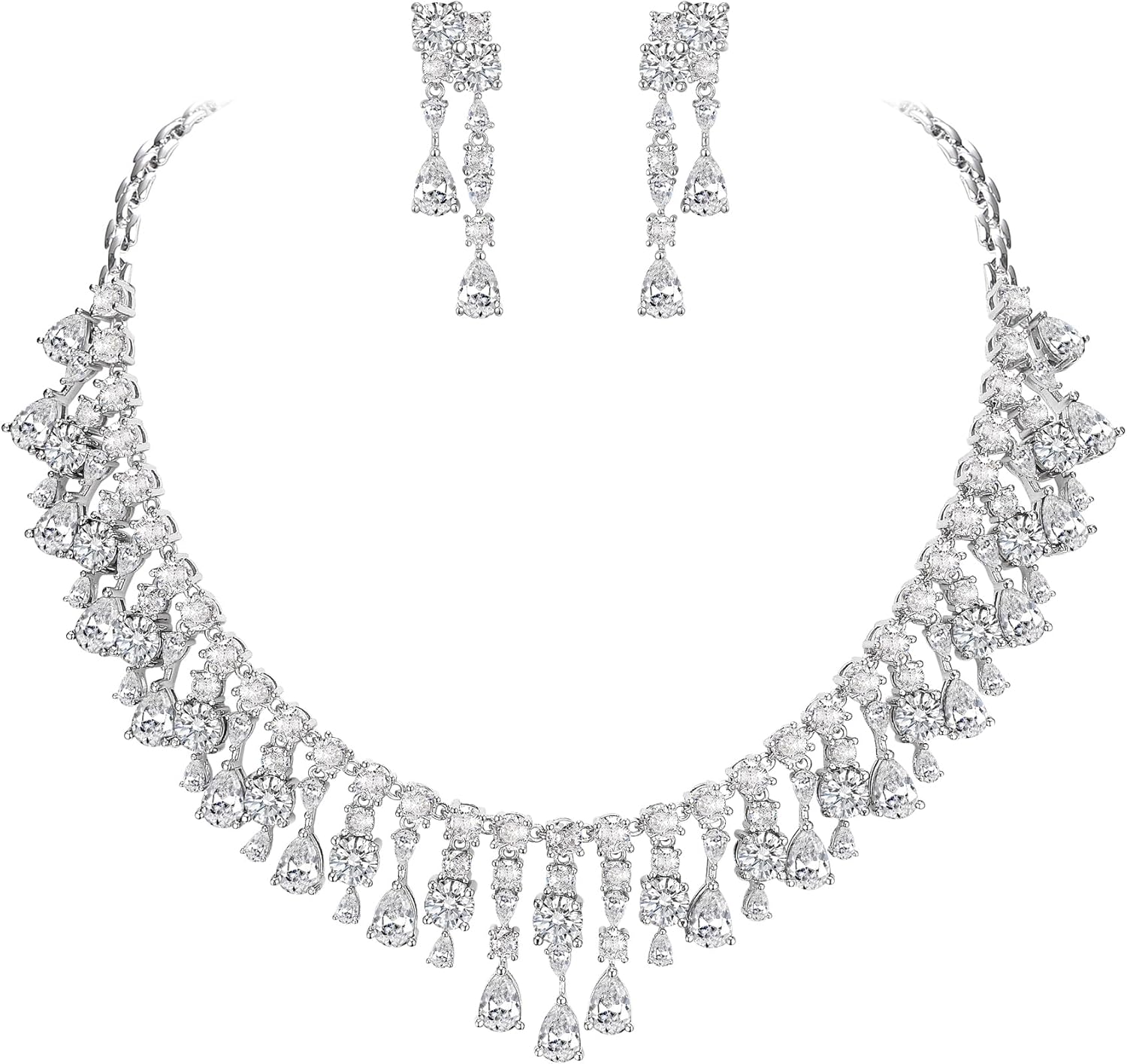 Crysdue Cubic Zirconia Prom Jewelry Set for Women Brides, Sparkle Birthstone Cluster Collar Statement Necklace Teardrop Dangle Earrings for Wedding Party