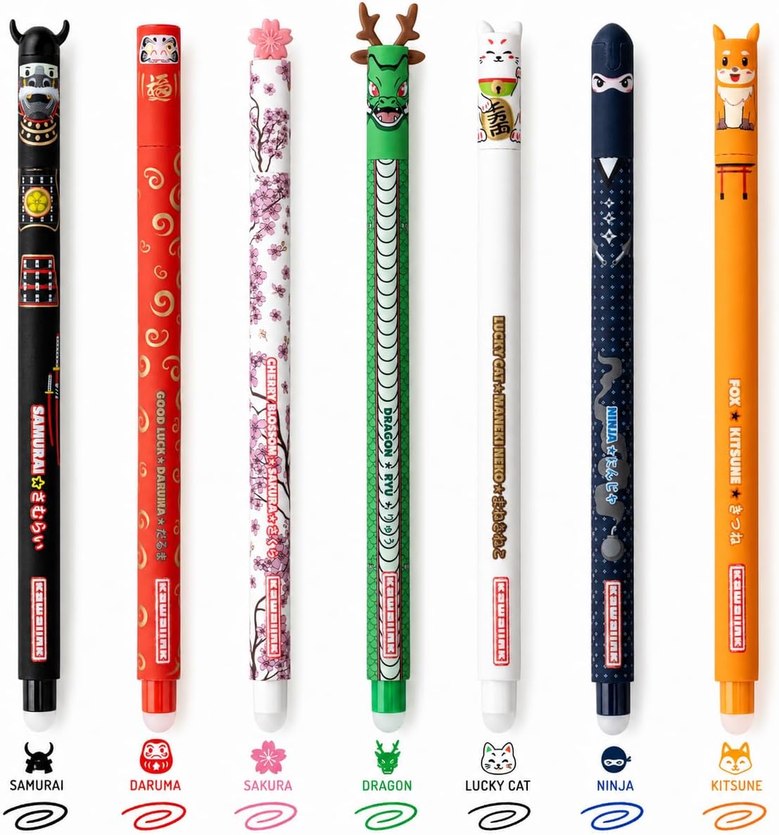 Kawaii Erasable Gel Pens Set of 7 – Japanese Cat, Fox, Dragon, Ninja, Samurai, Sakura & Daruma Characters – 0.7mm Multicolor Thermosensitive Ink, Cute Anime Stationery Gift for Girls & Students