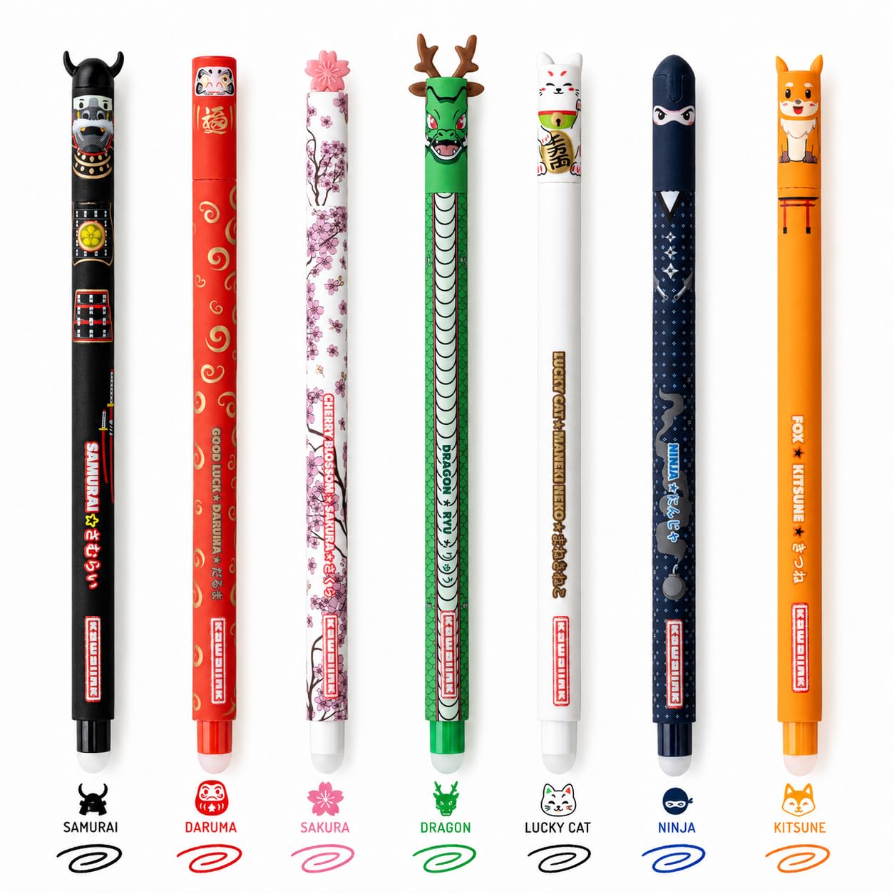 Erasable Gel Pens Set of 7 – Japanese Kawaii Cat, Fox, Dragon, Ninja, Samurai, Sakura & Daruma Characters – 0.7mm Multicolor Erasable Ink, Cute Anime Stationery Gift for Girls & Students