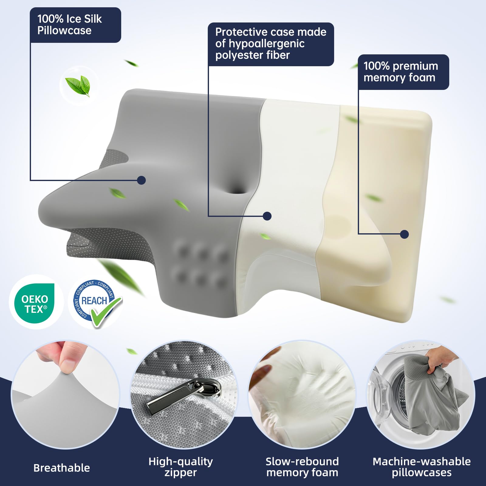 Cuscino cervicale, ergonomico, ortopedico, in memory foam, per chi dorme sul fianco, schiena e pancia, grigio puro