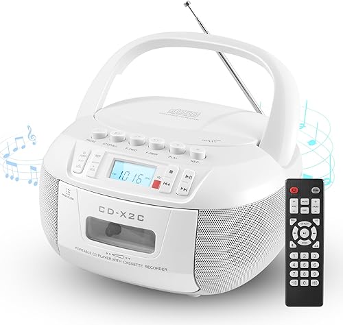 Combo de reproductor de CD y cassette, reproductor de CD portátil Boombox con radio AMFM BluetoothAUXUSB Drive Grabación de cinta para auriculares,