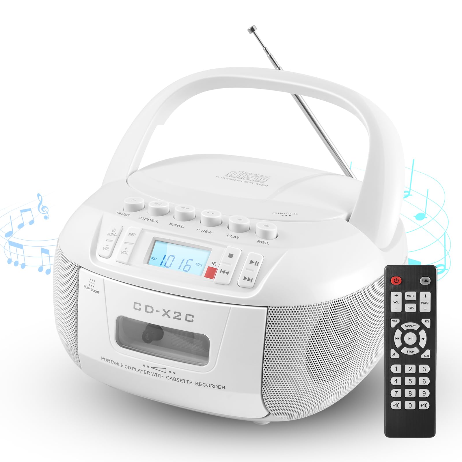 CD and Cassette Player Combo, Portable CD Player Boombox with AM/FM Radio Bluetooth/AUX/USB Drive Tape Recording Headphone Jack LCD Display AC/DC Powered Stereo Sound with Remote Control