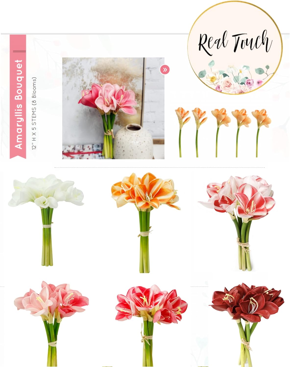 12" Real Touch Artificial Amaryllis Bouquet Home Office Hotel Decoration Wedding Centerpiece Bouquet (White) : Home & Kitchen