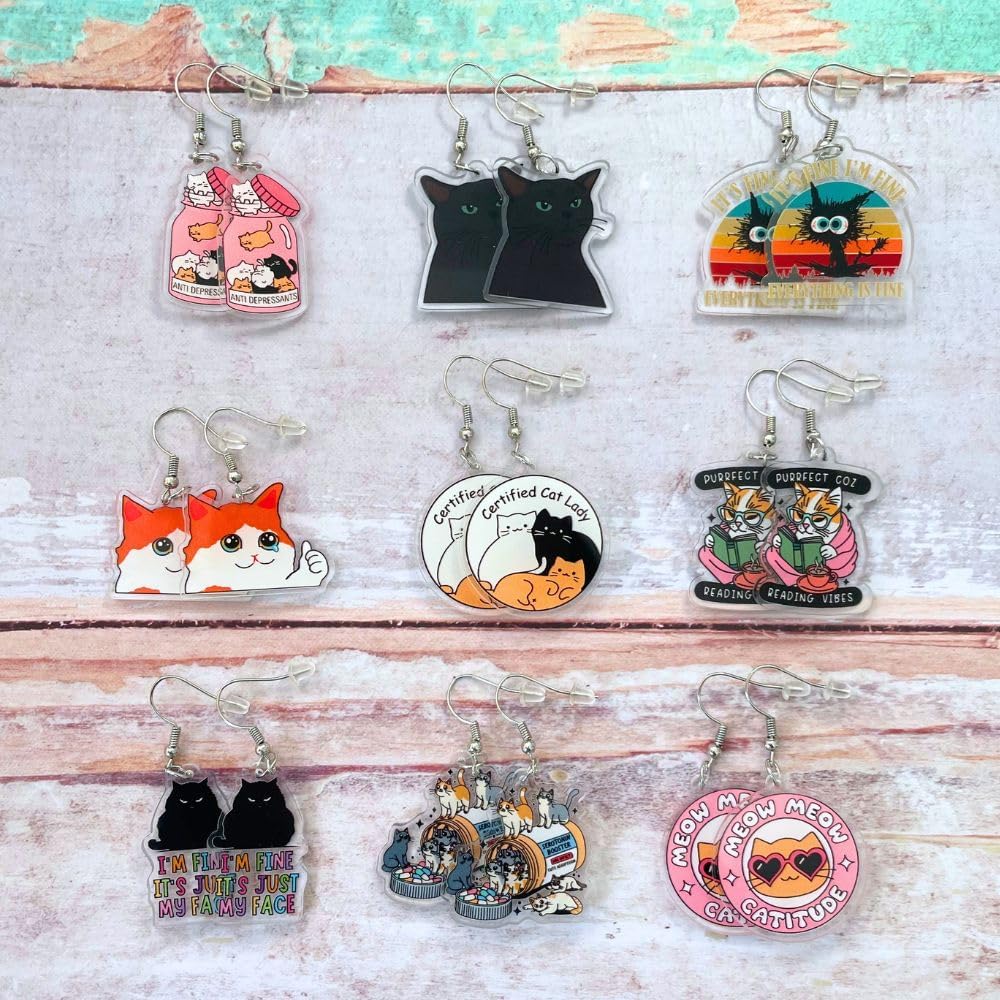 9PC Cat Earrings Funny Meme Snarky Sassy Certified Catitude Chill Stylish Dramatic Nerdy Weird Funky Cool Trendy Acrylic Purrfect Animal Pet Drop Earring Meow Accessories Gift For Women - Image 3