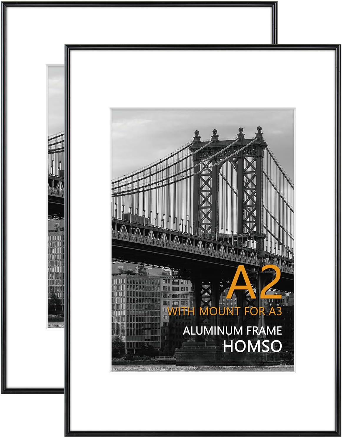 Homso A2 Picture Poster Frame Set of 2, Display Pictures A3 with Mat or 16.5x23.4 Without Mat, Thin Border Metal with Plexiglass for Horizontal and Vertical, Black Black A2-2