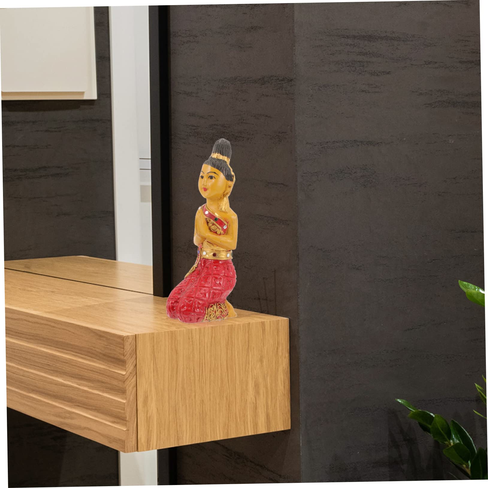 SOLUSTRE Estatua de Buda Arrodillado Roja de Madera Estilo Oriental