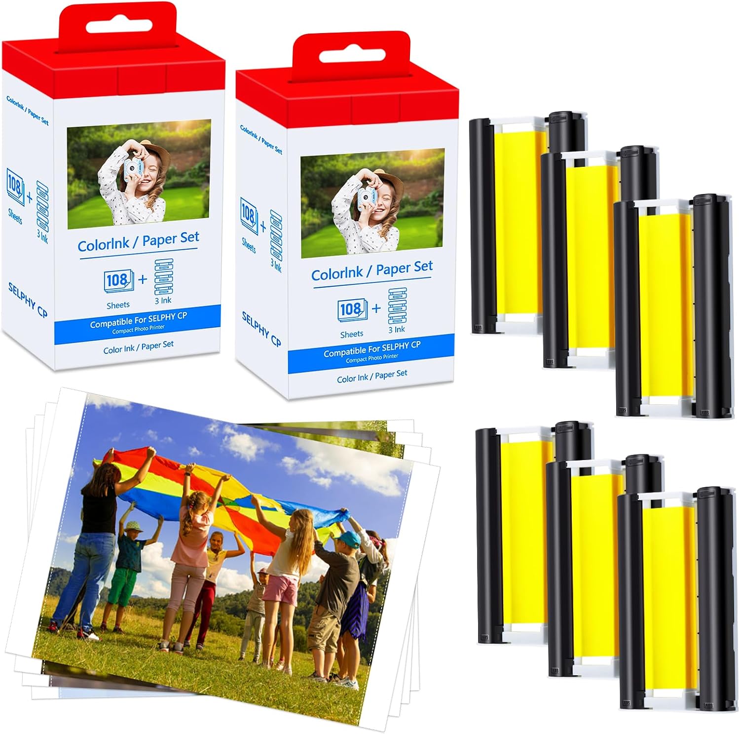 GREENCYCLE 2SET KP-108IN Compatible with Canon Selphy CP1500 Ink and Paper, 6 Color Ink Cartridges and 216 Sheets 4 x 6 Glossy Photo Paper for Canon Selphy CP1300 CP1200 CP1000 CP900 Photo Printers