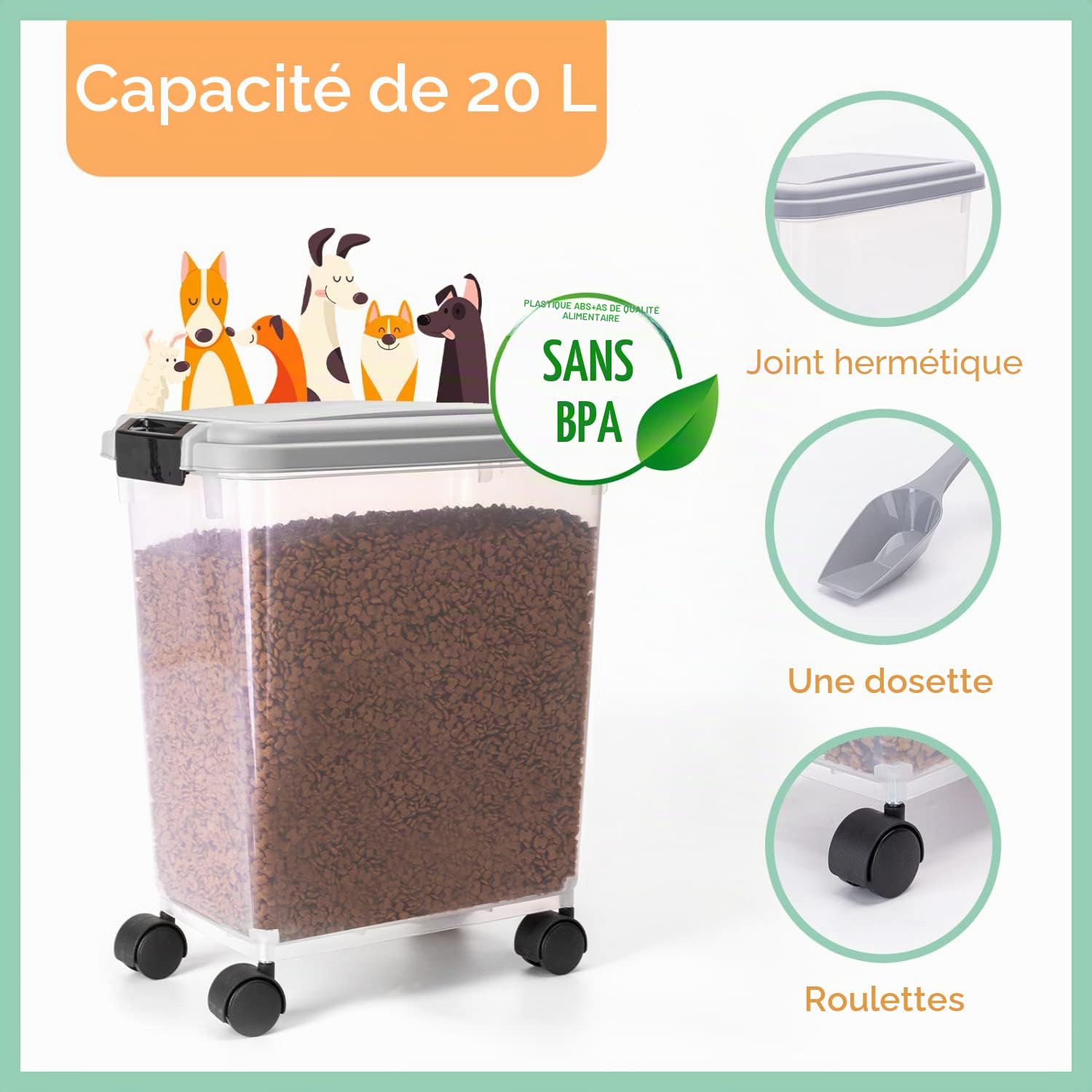 Nobleza - 2 Pièces Conteneur de Nourriture pour Animaux de Compagnie 20 L - Boîte Alimentaire avec Roulettes， Couvercle Rabattable， Hermétique， Roues et Pelle， pour Nourriture pour Chiens et Chats