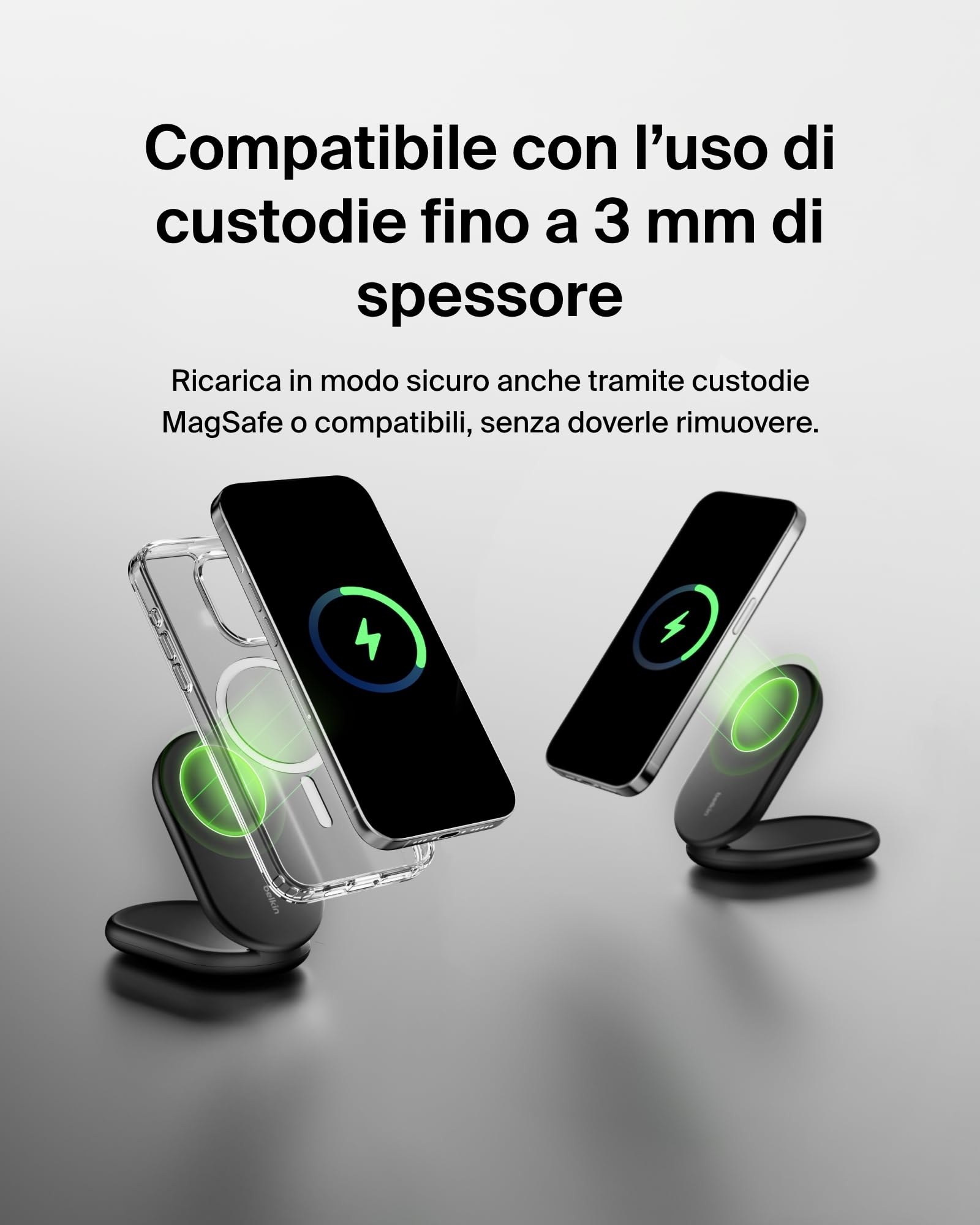 Belkin BoostCharge Caricabatteria Wireless Magnetico e pieghevole Qi2 da 15W, Caricatore Rapido portatile Compatibile con MagSafe e StandBy, per iPhone 17, Air, Pixelsnap - Alimentatore incluso - Nero