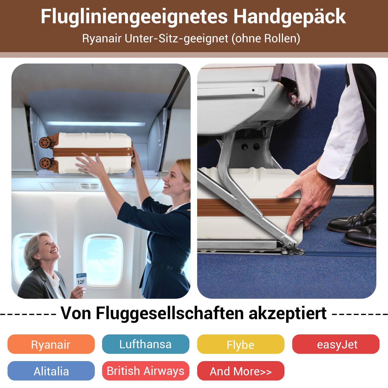 KONO Handgepäck Koffer mit abnehmbaren Rollen, 40x30x20 cm ohne Rollen, Leichter Kabinen-Koffer klein aus ABS+PC für Ryanair, EasyJet & Eurowings (Creme Weiß)