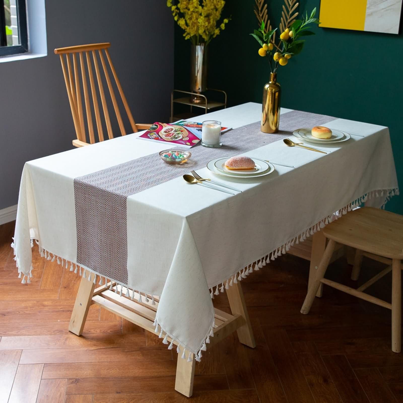 Kaffee Tischdecke Rechteckig 140 x 180 cm, Polyester Einfarbiges Spleißen mit Quasten, Abwaschbare Tischdecken