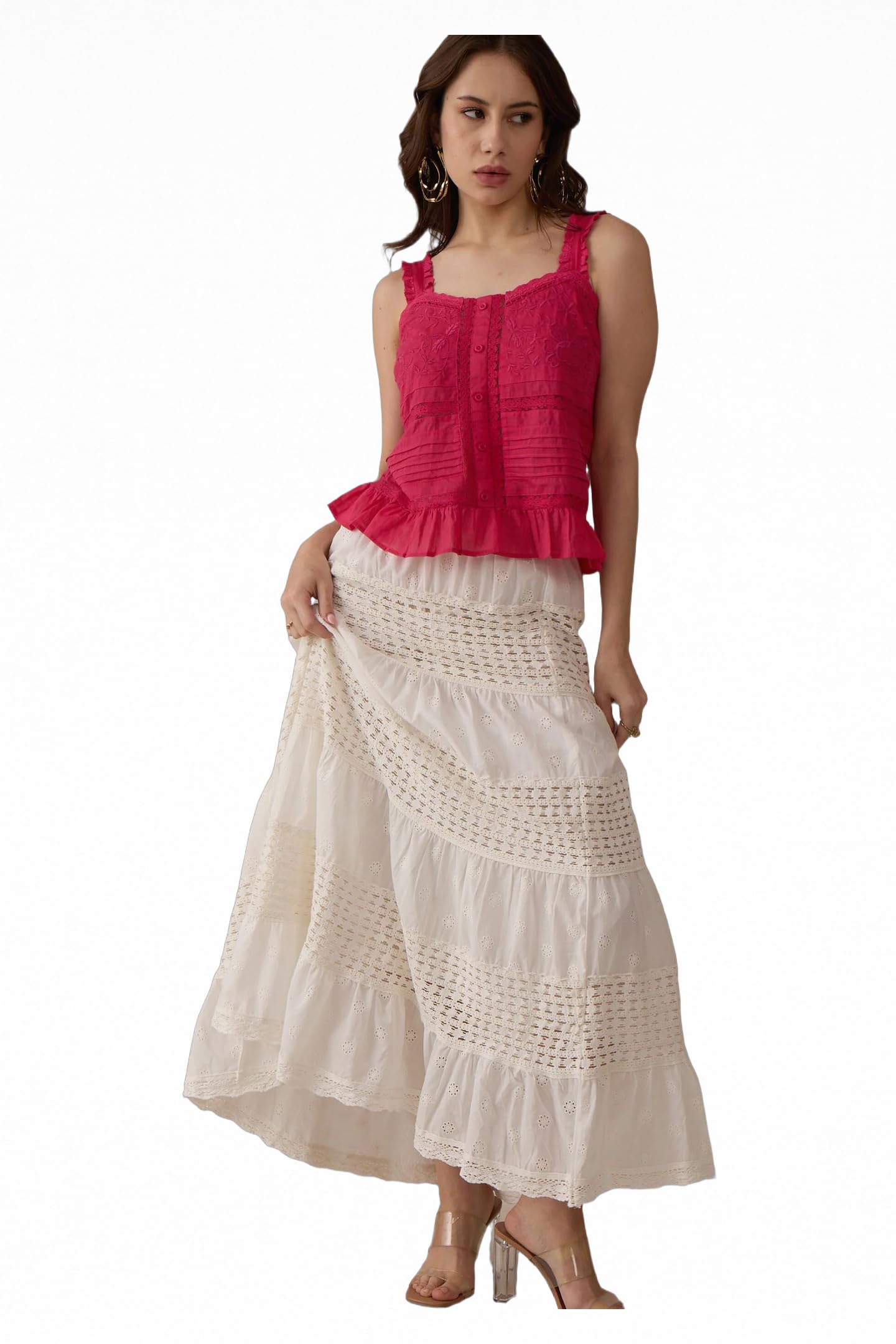 Solid Cotton White Gathered Hem Crochet Maxi Flared Casual Skirts for Women