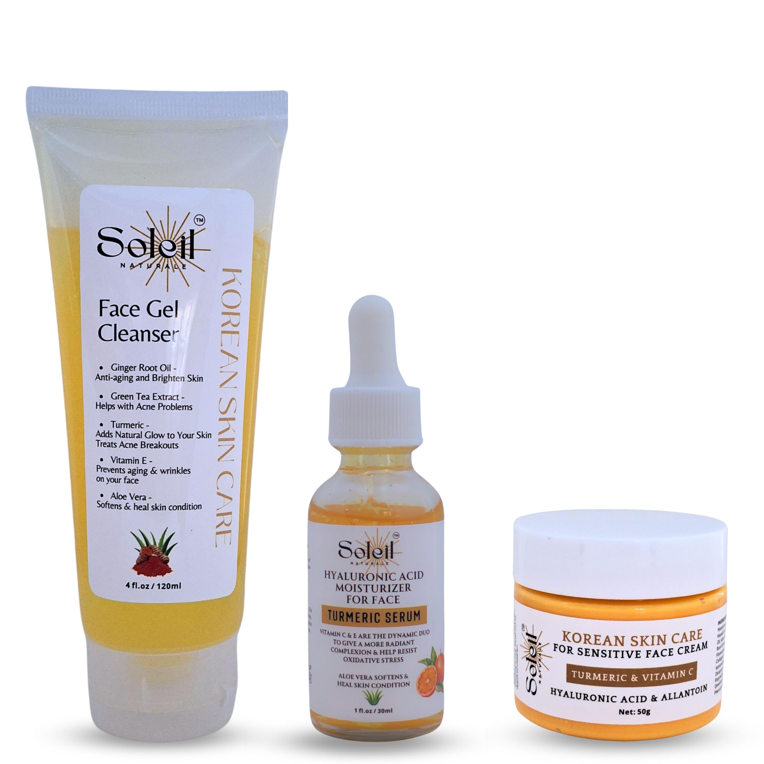 Korean skincare kit, Turmeric Oil, Jojoba Oil, Snail Secretion, Goji Berry Extract, Vitamin E, Vitamin C, Aloe Vera, Cleansing Gel, Face Cream, Face Serum