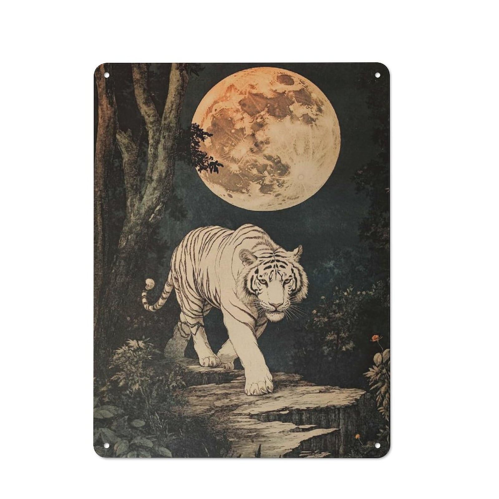 Urban Decorative Metal Plaque 40x30cm Featuring Lone White Tiger, Loft Wall Plaque for Loft, Studio, Office Or Creative Room