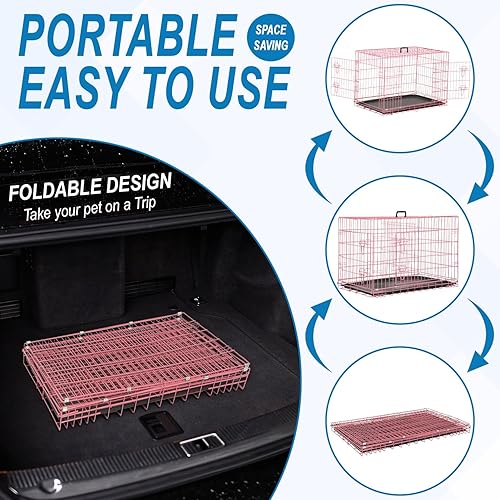 Miniatura 5 de Jaula grande de 42 pulgadas para perros, jaulas de alambre de metal, jaulas plegables de doble puerta con asa a prueba de fugas, color rosa