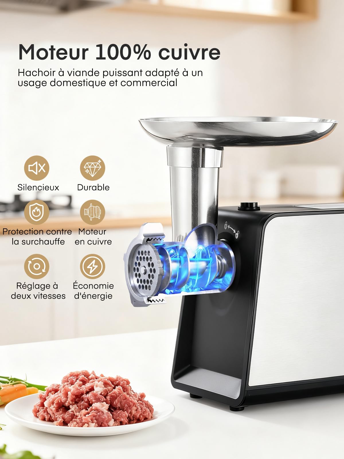 FOHERE Hachoir à Viande Électrique 3200W Max avec 3 Grilles