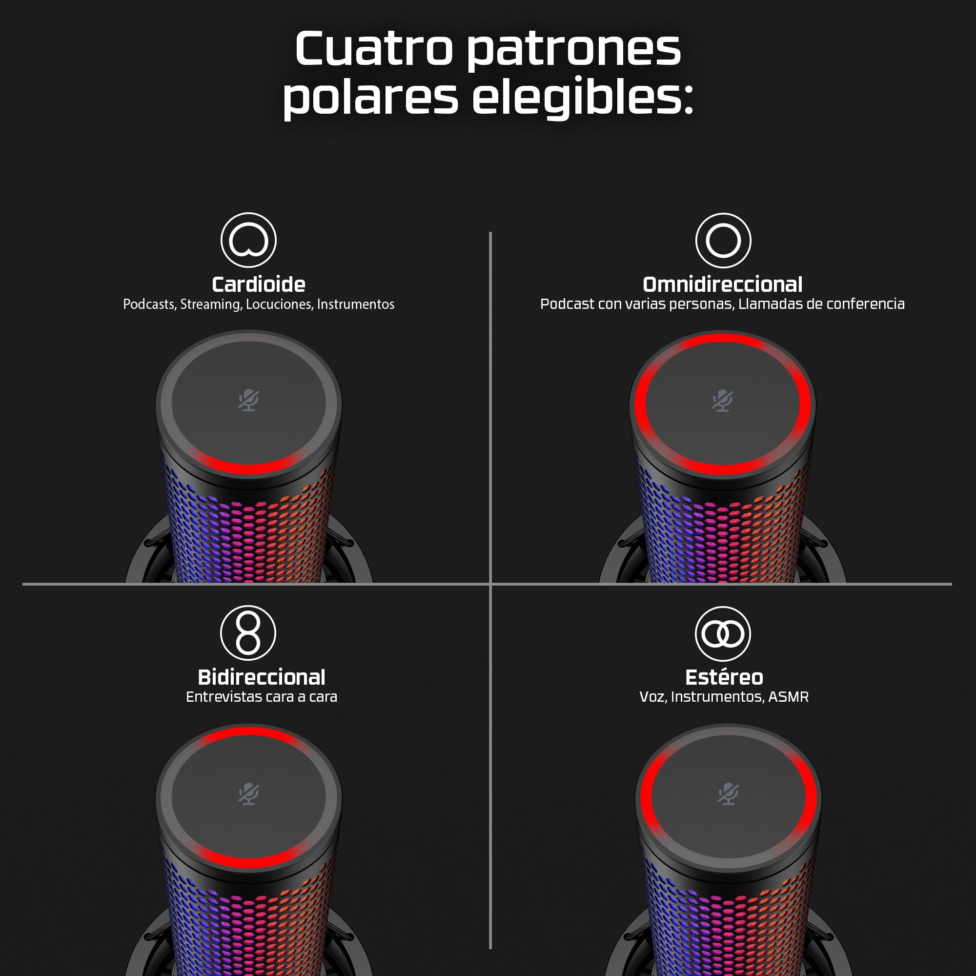 HyperX Quadcast 2 S - Micrófono USB para Gaming, Streaming y Creadores de Contenido, Cuatro Patrones Polares, 32bit, 192kHz, aRGB Leds, para PC, PS4, PS5 y Mac, Negro