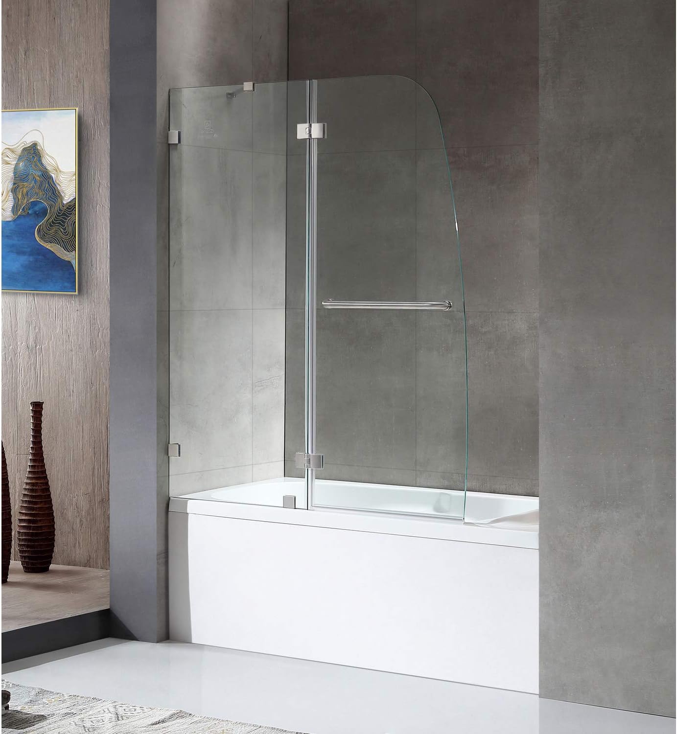 ANZZI Frameless 58" x 48" Shower Door in Brushed Nickel, Water Repellent Glass with Seal Strip and Handle, 3/8" Hinged Bathtub Door