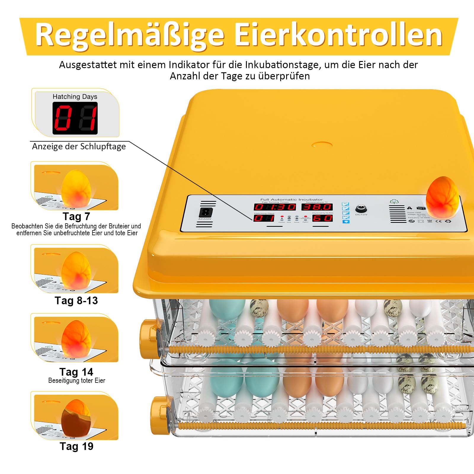 Brutautomat Vollautomatisch von 120 Eiern, Brutmaschine mit automatischer Eierwende und Feuchtigkeitsüberwachung, Temperaturkontrolle, 5 automatische Brutmodi und Brutdaueraufzeichnung