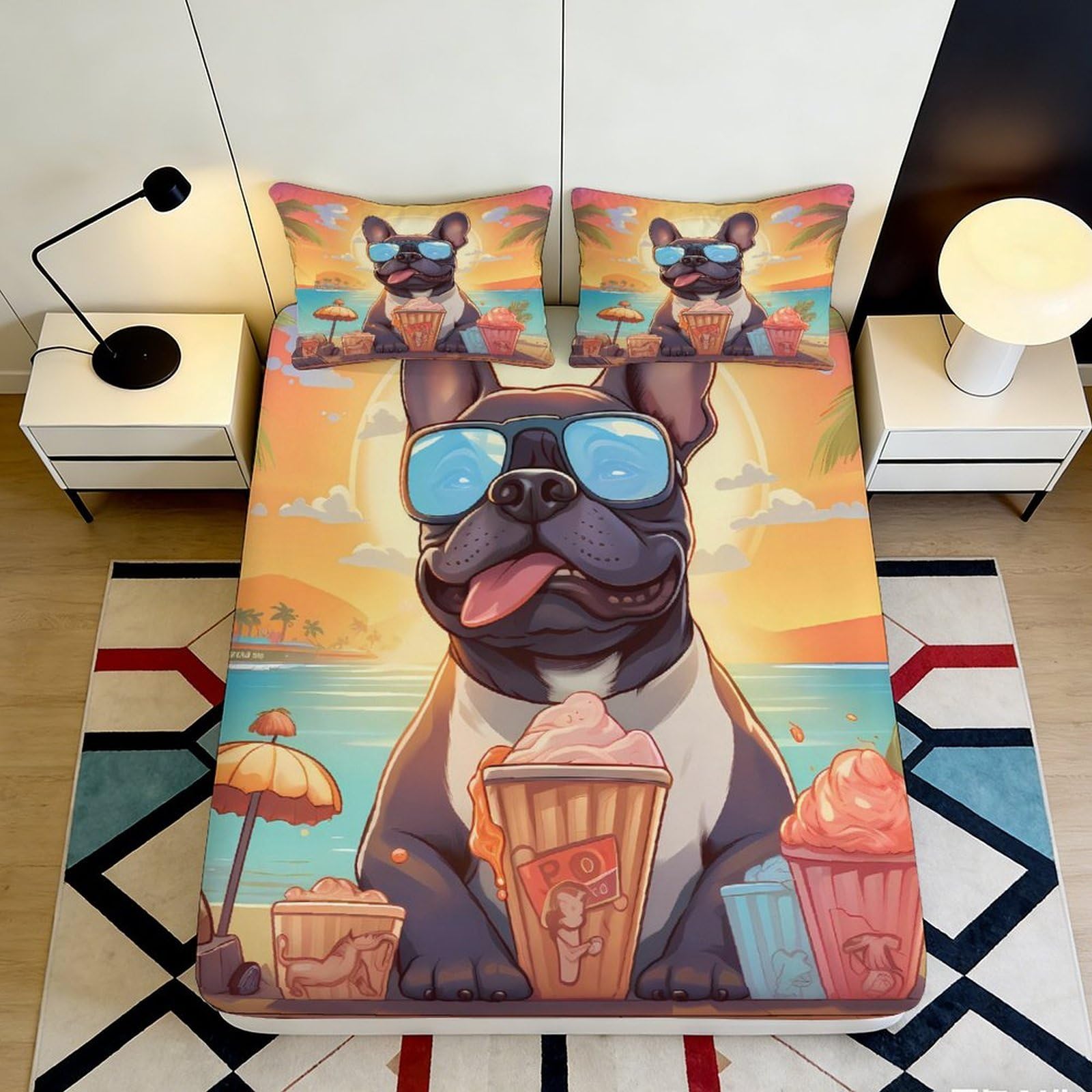 Pnayamiorkfel Style-6 3D Printed French Bulldog Beach Fitted Sheet Microfiber Cartoon Dog Sunglasses Bed Cover For Bedroom Dorm Mattress Protection Decor 90X200x25cm