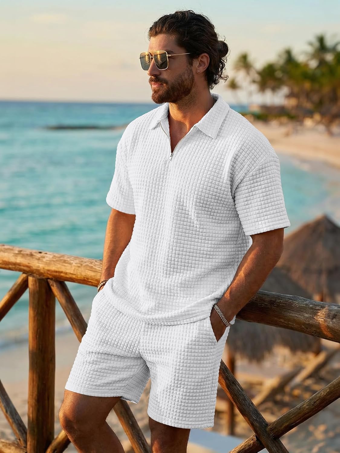 JMIERR Men's 2 Piece Waffle Knit Outfit Half Zip Polo Shirt and Shorts Textured Summer Set - Image 2