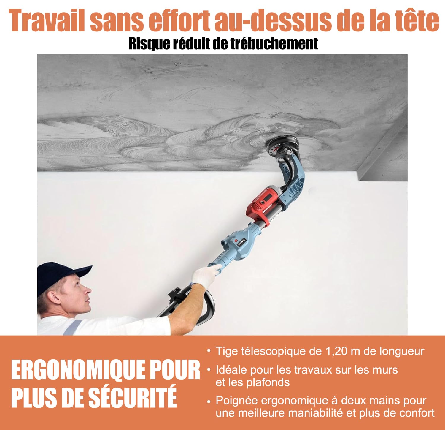 FANZWORK Ponceuse à Béton 1010 W avec tige Télescopique Jusqu’à 1,20 m, Meule Diamant 125 mm et sac de Transport, Vitesse variable, Idéale pour Béton, colle à Carrelage et Autres Revêtements