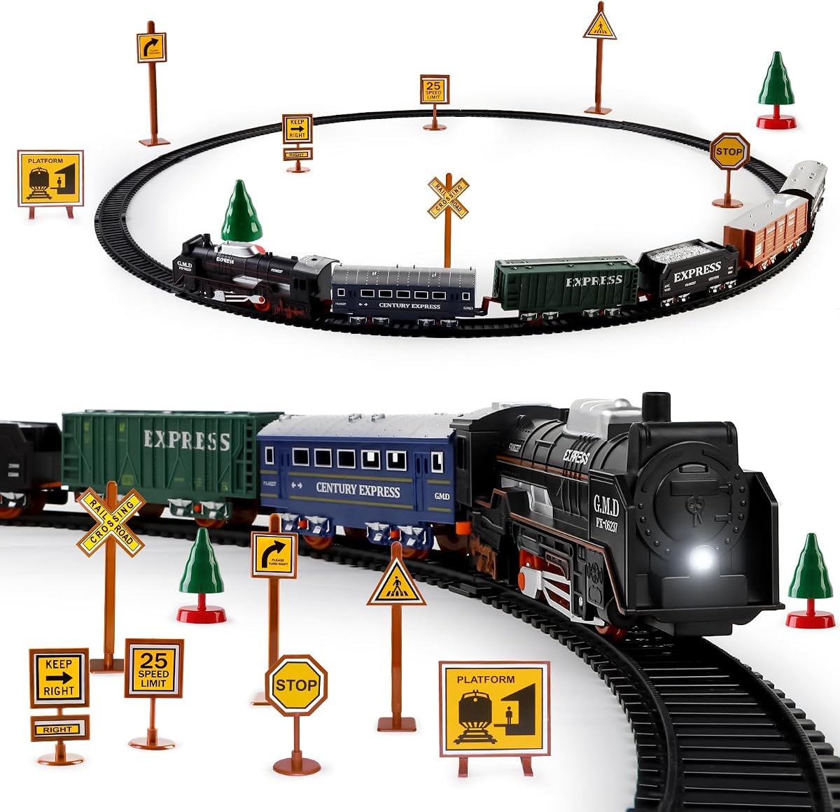 deAO Electric Train Set Train Tracks with Light for Kids Train Railway | Cargo Cars and Long Track for Kids 3-12 with Signposts & Trees, Electric Train Race Track Playset Gift for Birthday Xmas