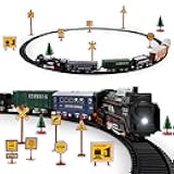 deAO Train Set with Light for Kids, Cargo Cars and Long Track for Boys & Girls Aged 3-12, Train Toys Railway Kits with Signposts & Trees, Electric Train Race Track Playset,Great for Birthday & Xmas