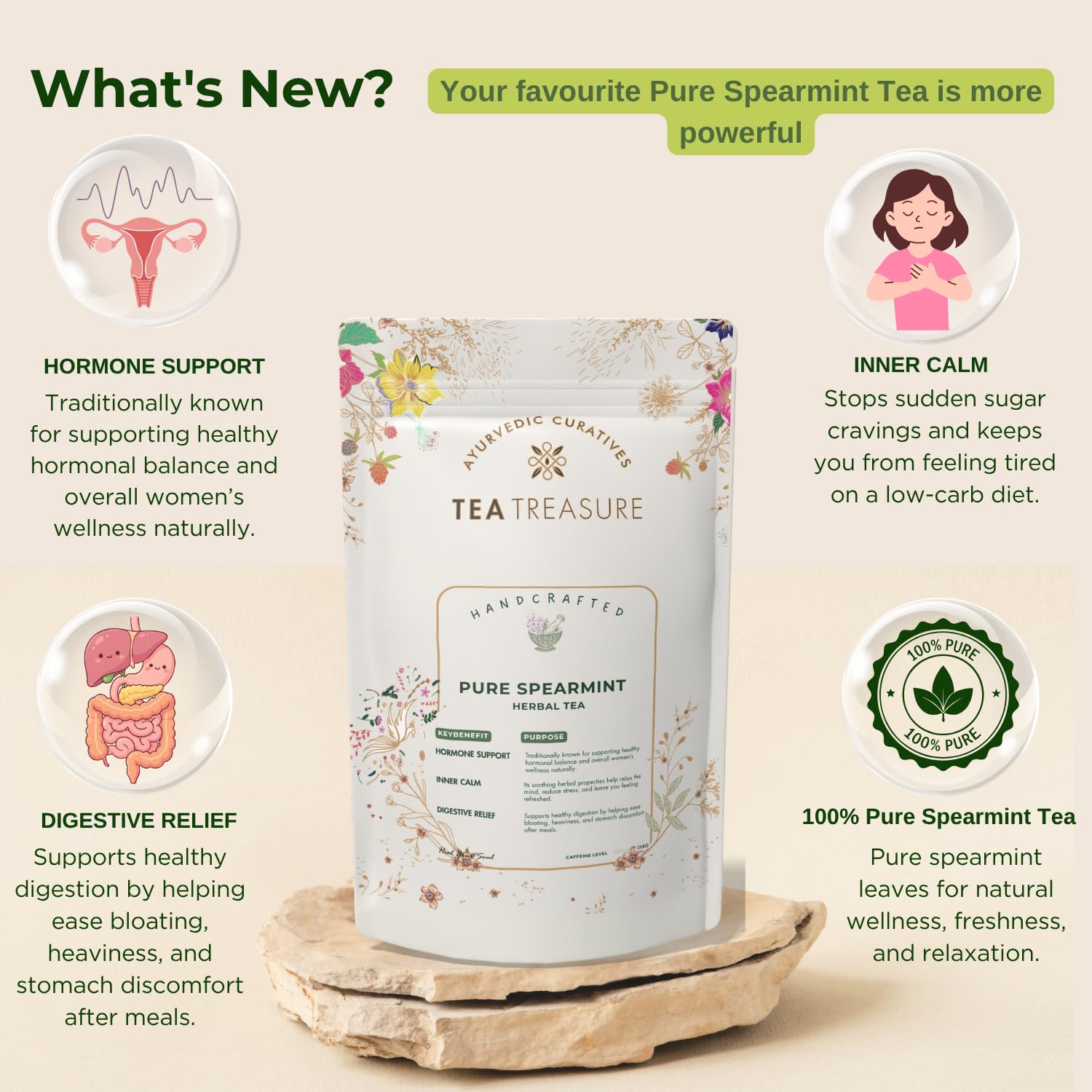 Tea Treasure Feuille de menthe verte 100 g – Aide le SOPK, le soulagement de la PCOD, l'équilibre hormonal, la perte de poids, les soins digestifs et réduit les poils du visage | Infusion entière sans